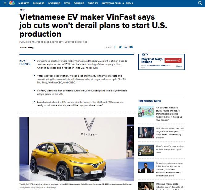 CNBC: Việc tái cấu trúc không ảnh hưởng tới kế hoạch sản xuất xe điện của VinFast tại Mỹ 