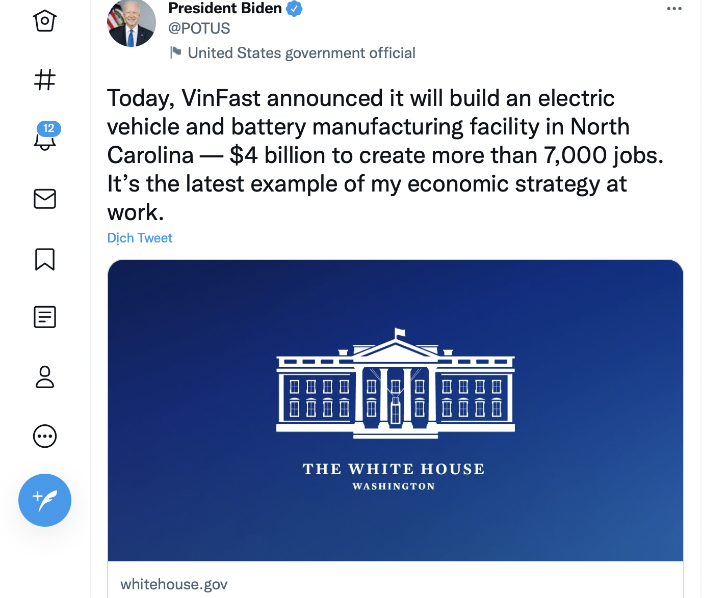 Tổng thống Mỹ Biden ca ngợi dự án VinFast tại Bắc Carolina là “khoản đầu tư ý nghĩa”